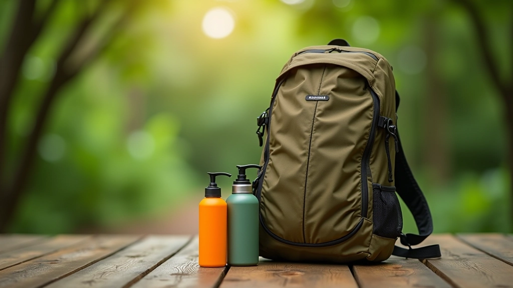 Mochila de senderismo con botellas de agua y equipo de protección solar