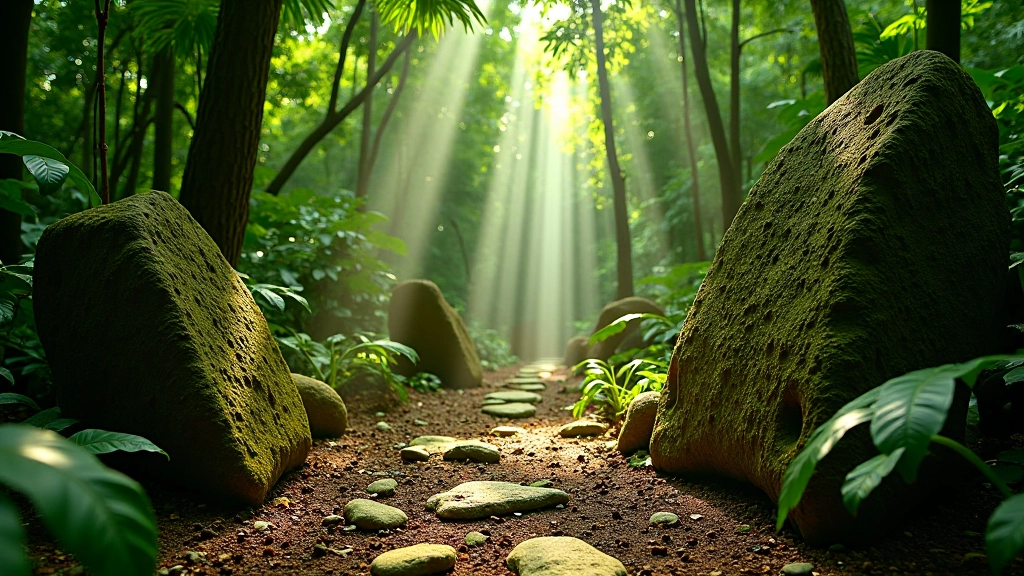 Bosque frondoso del Centro Ceremonial de Tibes con piedras grabadas y naturaleza exuberante